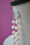 WHITE FRESHWATER PEARLS AND GUNMETAL SWAROCSKI CRYSTALS LONG STATEMENT EARRINGS