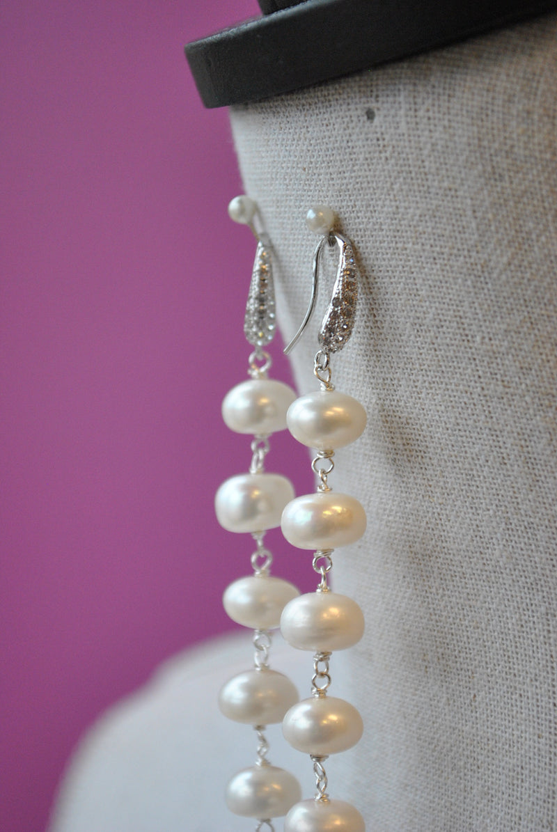 WHITE FRESHWATER PEARLS AND GUNMETAL SWAROCSKI CRYSTALS LONG STATEMENT EARRINGS