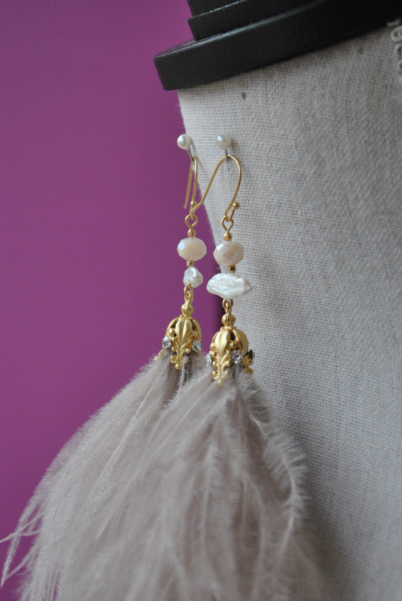 FEATHERS AND CRYSTALS LONG STATEMENT EARRINGS