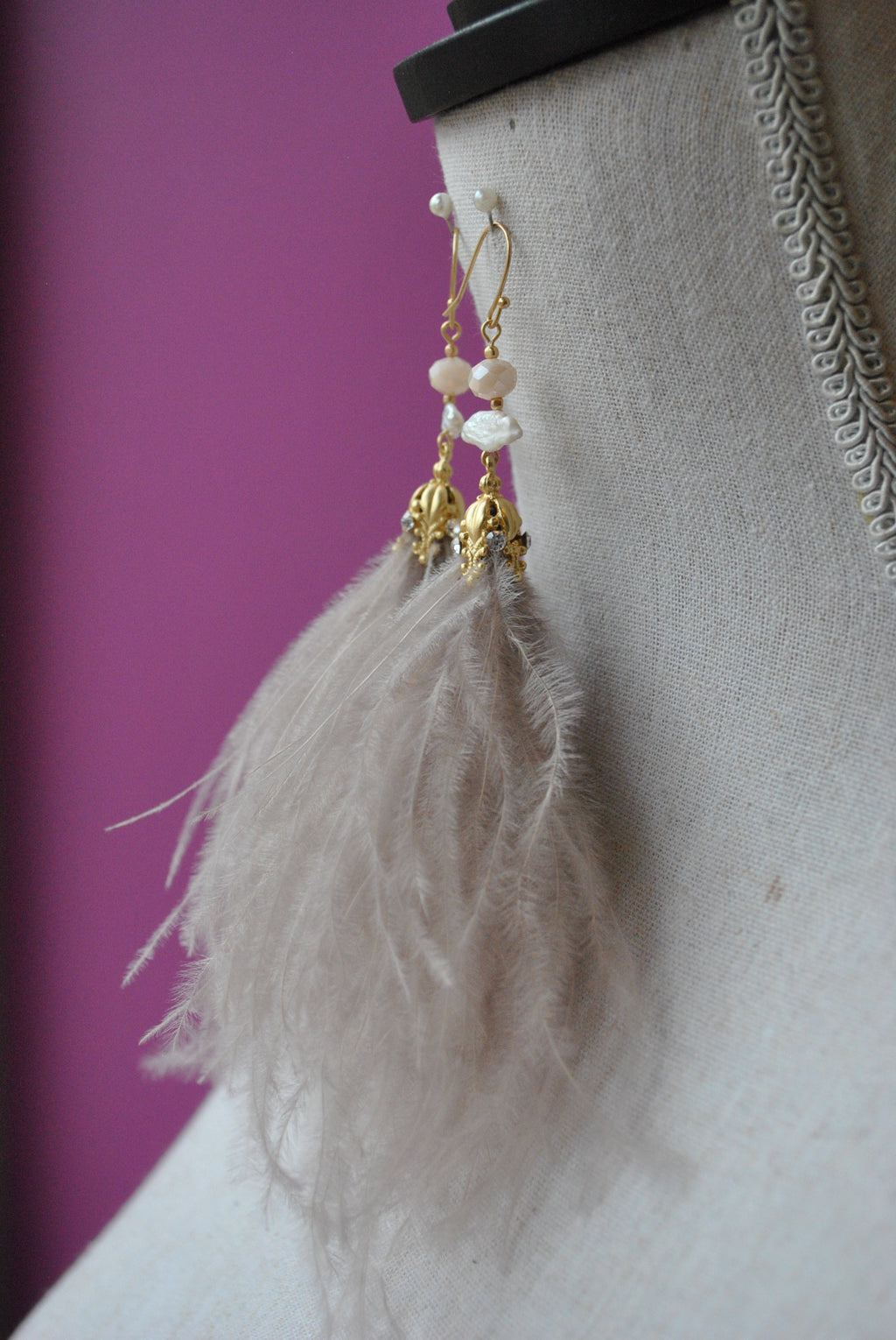 FEATHERS AND CRYSTALS LONG STATEMENT EARRINGS