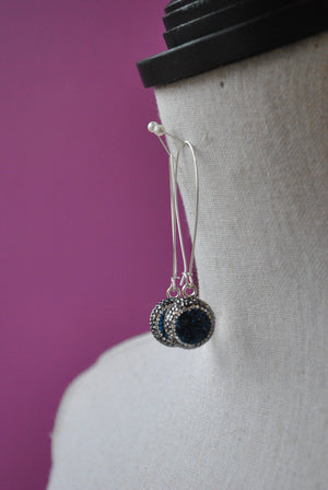 MOTHER OF PEARL AND ROYAL BLUE SWAROVSKI CRYSTALS LONG EARRINGS