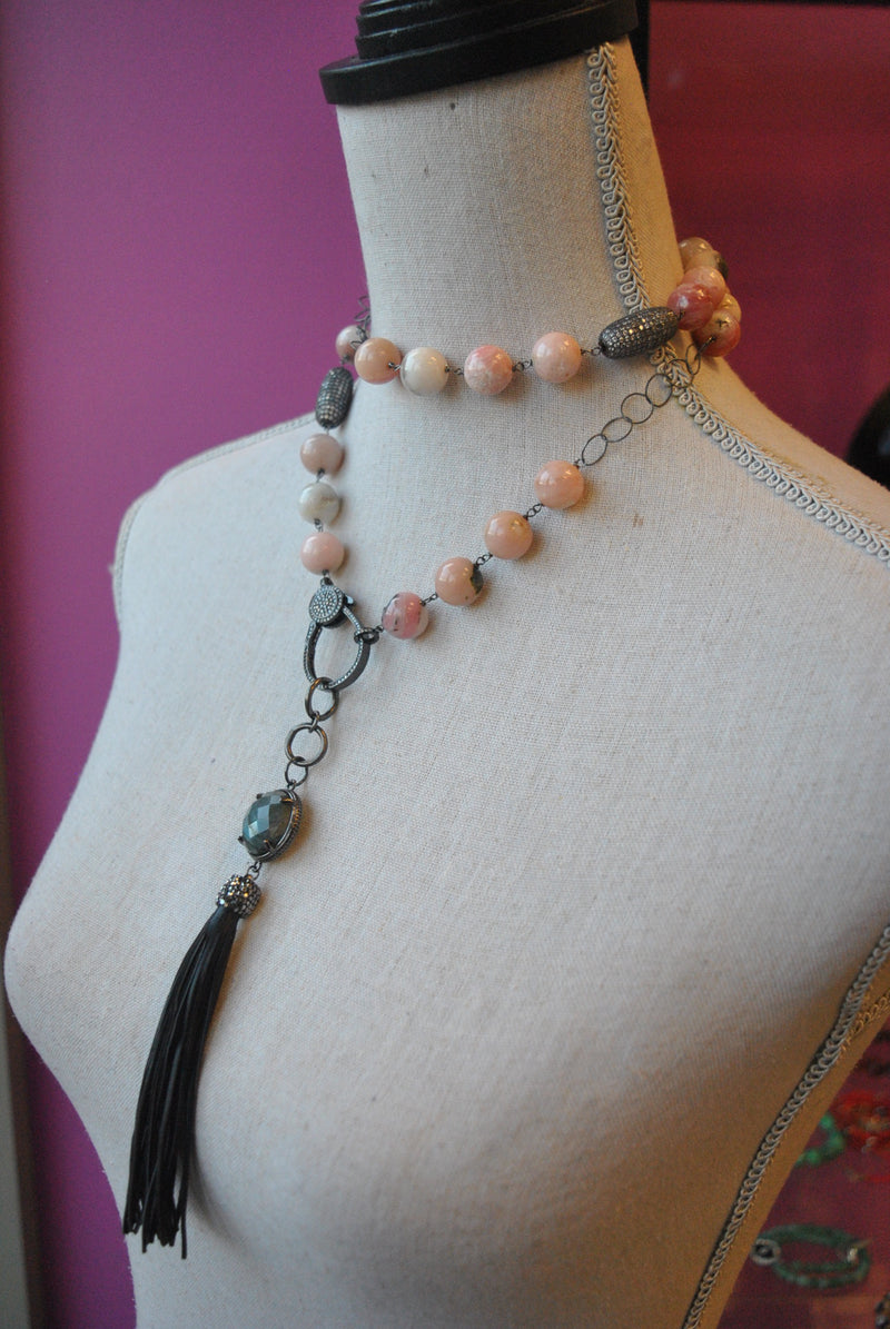 PINK PERUVIAN OPAL LONG NECKLACE WITH DETACHABLE LABRADORITE AND LEATHER TASSEL PENDANT