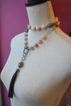PINK PERUVIAN OPAL LONG NECKLACE WITH DETACHABLE LABRADORITE AND LEATHER TASSEL PENDANT