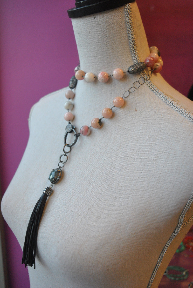 PINK PERUVIAN OPAL LONG NECKLACE WITH DETACHABLE LABRADORITE AND LEATHER TASSEL PENDANT