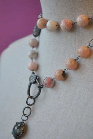 PINK PERUVIAN OPAL LONG NECKLACE WITH DETACHABLE LABRADORITE AND LEATHER TASSEL PENDANT