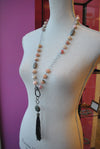 PINK PERUVIAN OPAL LONG NECKLACE WITH DETACHABLE LABRADORITE AND LEATHER TASSEL PENDANT