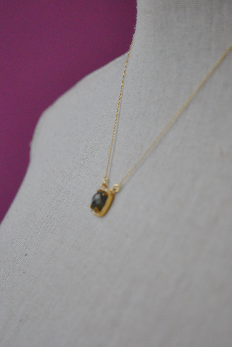 LABRADORITE CUBE ON GOLD DELICATE NECKLACE