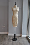 GOLD LACE COCKTAIL DRESS WITH HIGH NECK
