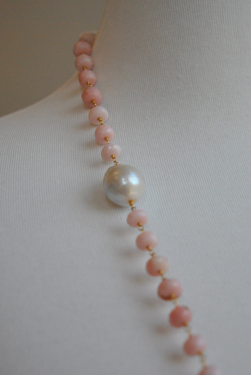 PINK PERUVIAN OPAL AND JUMBO FRESHWATER PEARLS LONG KASHMERE NECKLACE