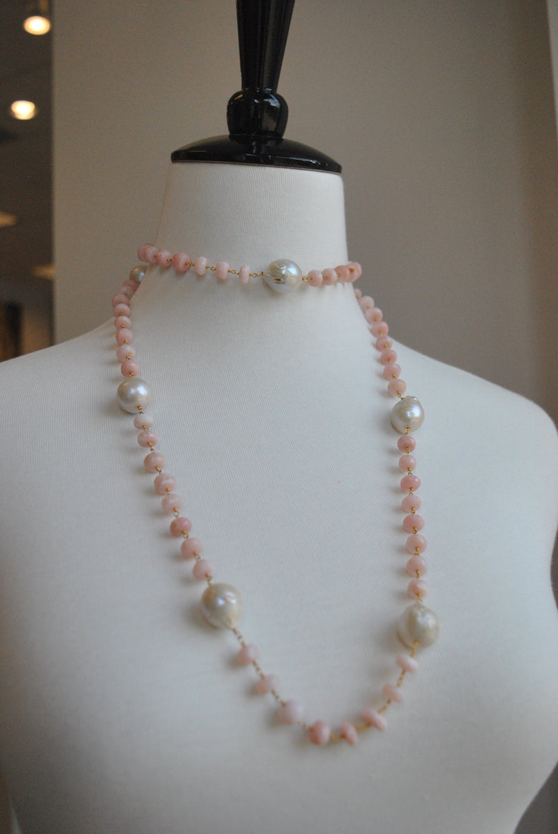 PINK PERUVIAN OPAL AND JUMBO FRESHWATER PEARLS LONG KASHMERE NECKLACE