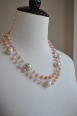 PINK PERUVIAN OPAL AND JUMBO FRESHWATER PEARLS LONG KASHMERE NECKLACE