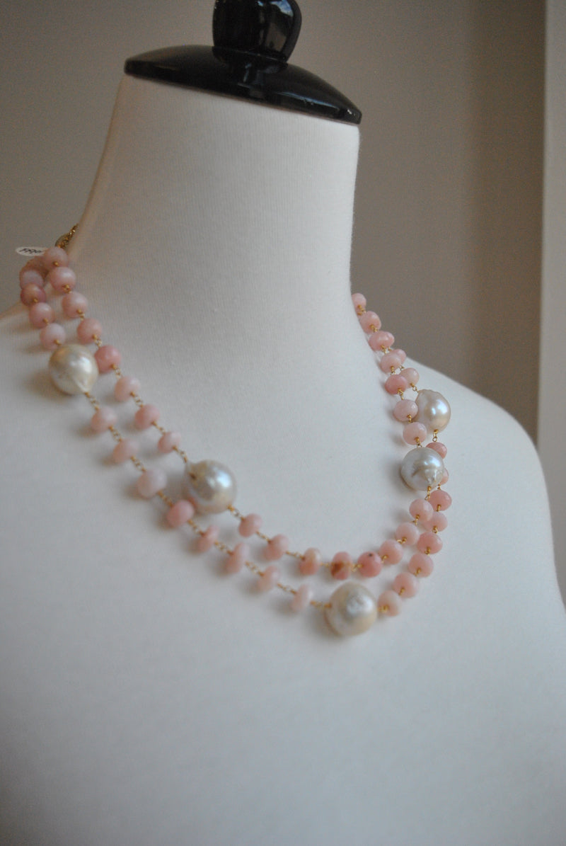 PINK PERUVIAN OPAL AND JUMBO FRESHWATER PEARLS LONG KASHMERE NECKLACE