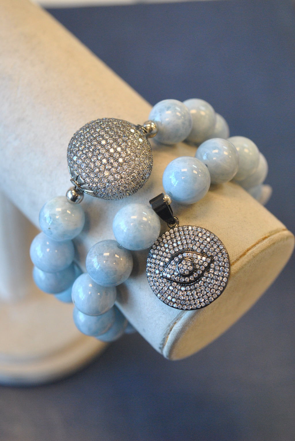 BLUE AQUAMARINE AND RHINESTONES WITH ANGEL EYE CHARM STATEMENT BRACELETS SET