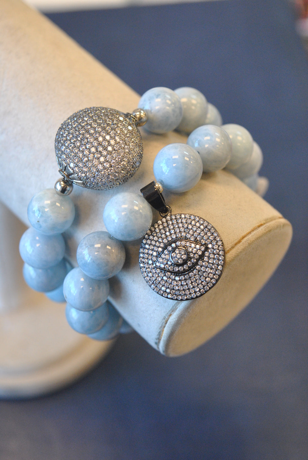 BLUE AQUAMARINE AND RHINESTONES WITH ANGEL EYE CHARM STATEMENT BRACELETS SET