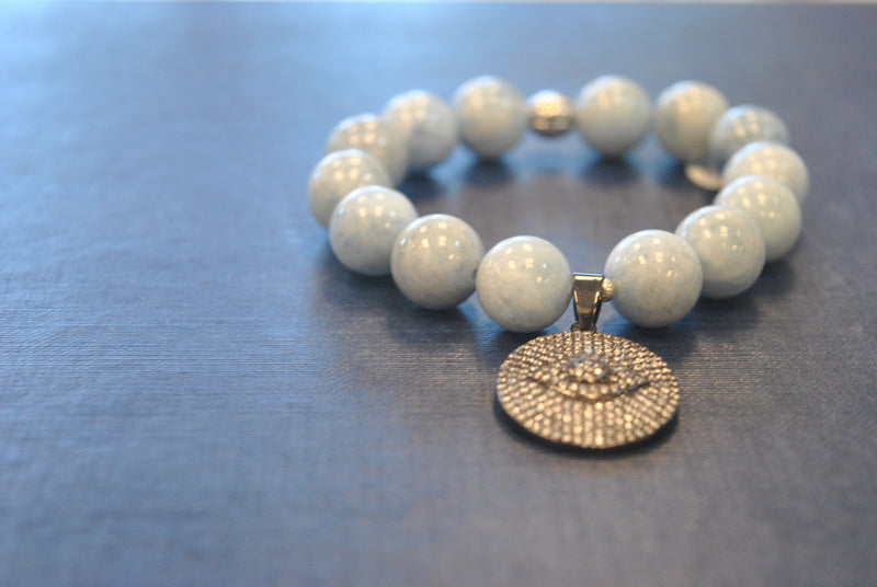 BLUE AQUAMARINE AND RHINESTONES WITH ANGEL EYE CHARM STATEMENT BRACELETS SET