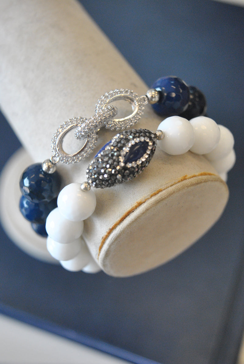WHITE AND ROYAL BLUE AGATE WITH RHINESTONES AND SWAROVSKI CRYSTALS STATEMENT BRACELETS SET