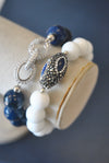 WHITE AND ROYAL BLUE AGATE WITH RHINESTONES AND SWAROVSKI CRYSTALS STATEMENT BRACELETS SET