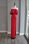 RASPBERRY LONG STRAPLESS DRESS WITH RUFFLE DETAIL