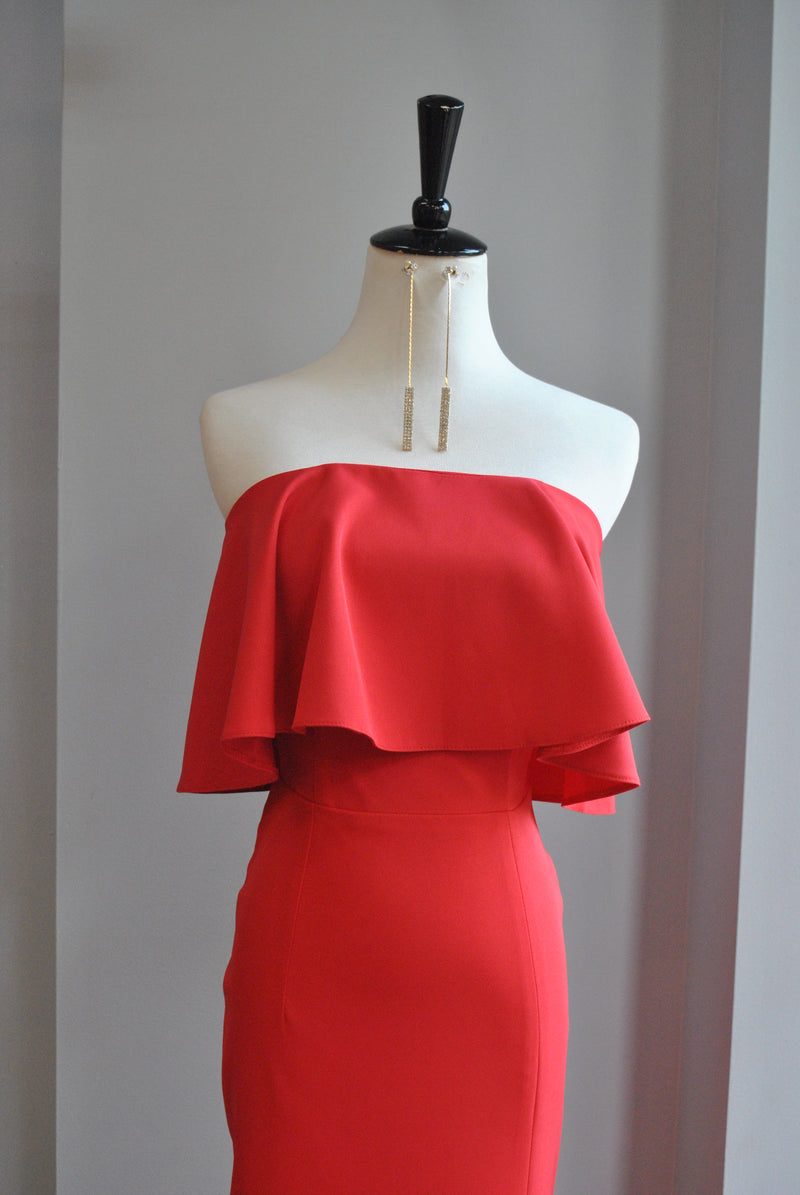 RED MAXI STRAPLESS EVENING DRESS