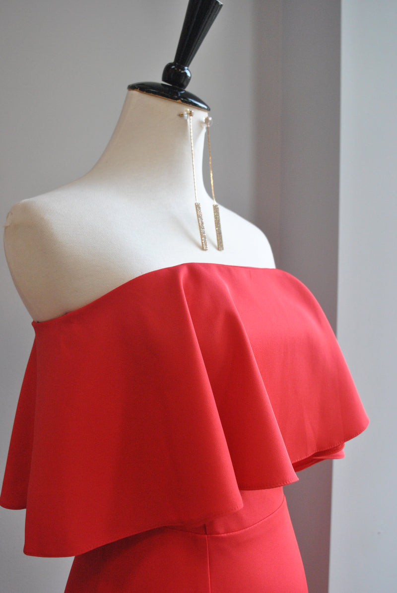 RED MAXI STRAPLESS EVENING DRESS