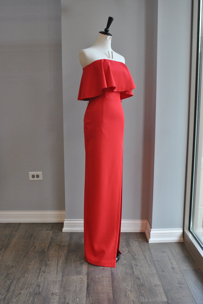 RED MAXI STRAPLESS EVENING DRESS