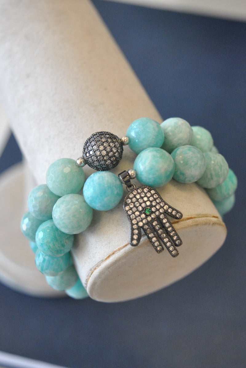 MINT AMAZONITE AND RHINESTONES STATEMENT BRACELETS SET