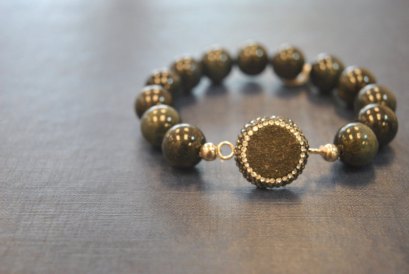 DARK BLUE TIGEREYE DRUZY AND LUCKY ELEPHANT CHARM STRETCHY STATEMENT BRACELET SET