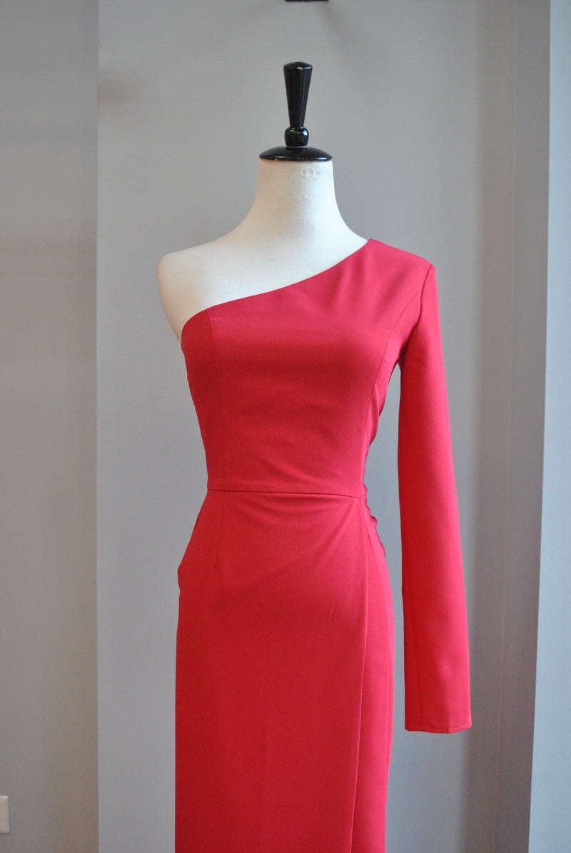 RED ASYMMETRIC HIGH AND LOW EVENING DRESS