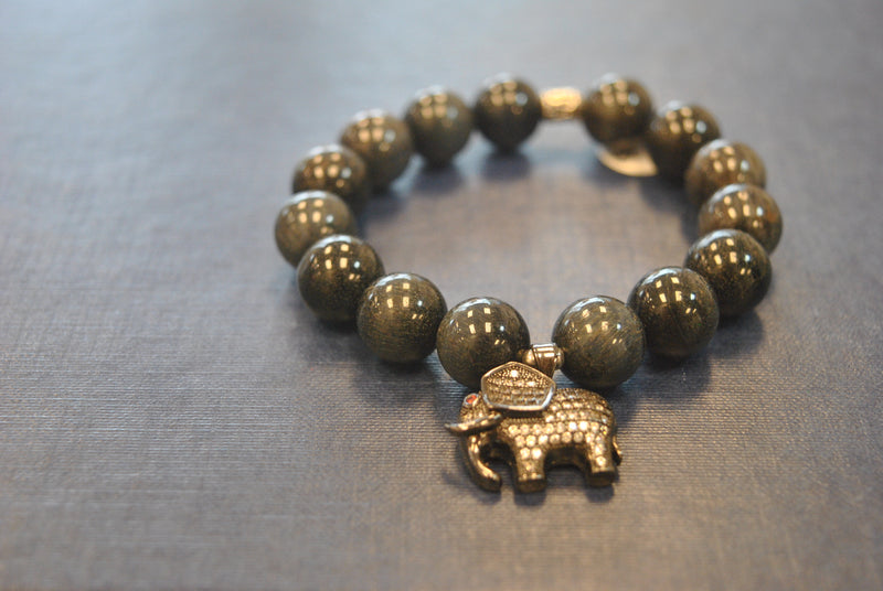 DARK BLUE TIGEREYE DRUZY AND LUCKY ELEPHANT CHARM STRETCHY STATEMENT BRACELET SET