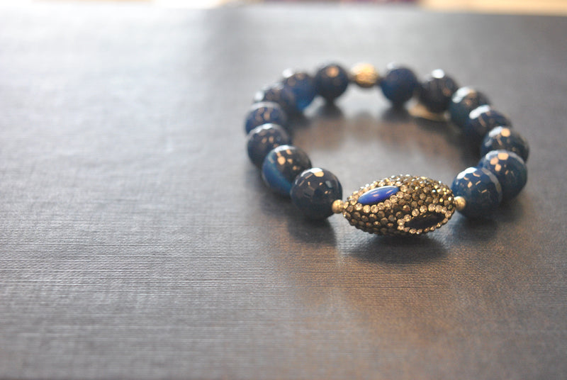 ROYAL BLUE AGATE AND SWAROVSKI CRYSTALS STRETCHY STATEMENT BRACELET SET