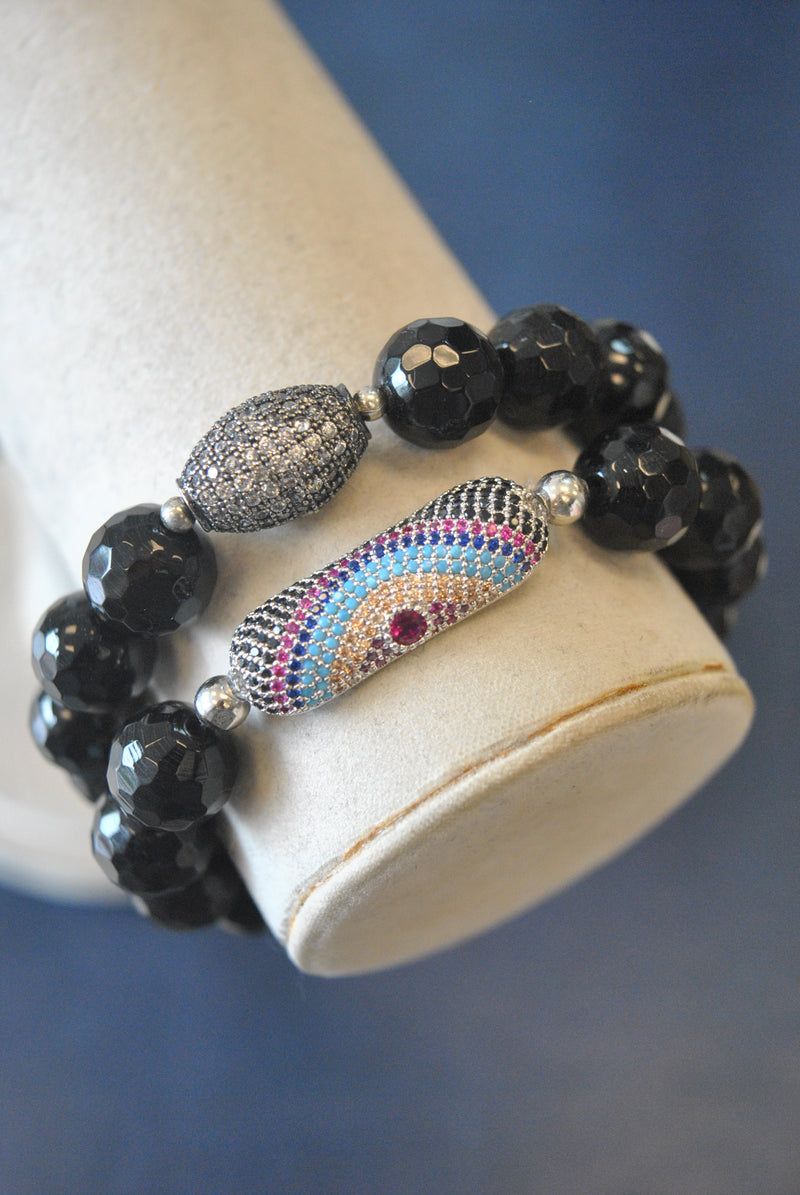 BLACK ONYX AND ANGEL EYE CHARM STRETCHY STATEMENT BRACELET SET