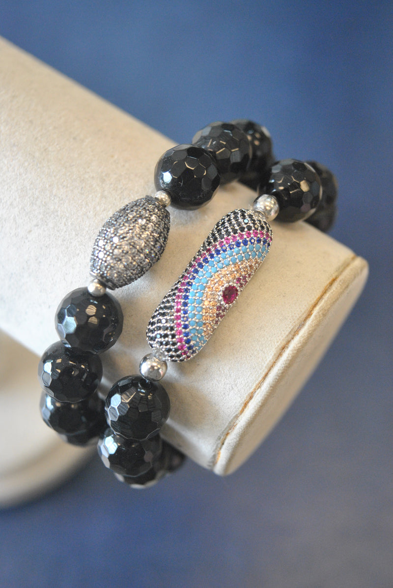BLACK ONYX AND ANGEL EYE CHARM STRETCHY STATEMENT BRACELET SET