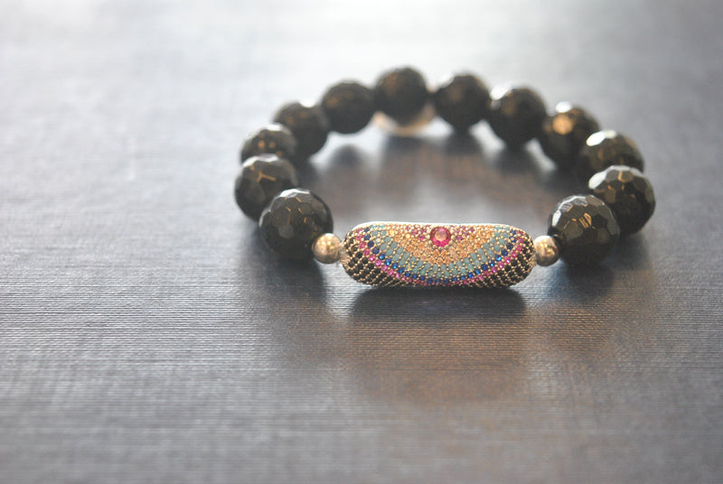 BLACK ONYX AND ANGEL EYE CHARM STRETCHY STATEMENT BRACELET SET