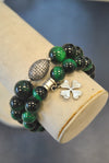 GREEN TIGERE EYE RHINESTONES AND CLOVE STRETCHY STATEMENT BRACELET SET