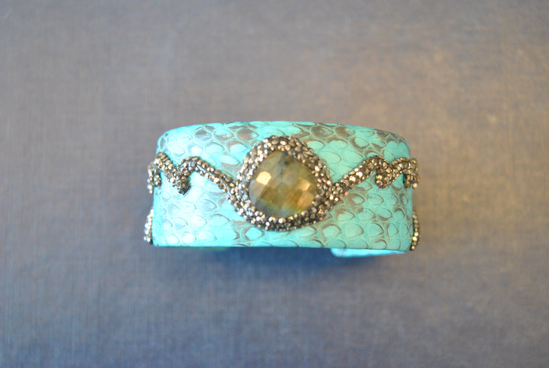 LEATHER COLLECTION - TURQUOISE LEATHER AND LABARDAORITE WITH SWAROVSKI CRYSTALS CUFF BRACELET