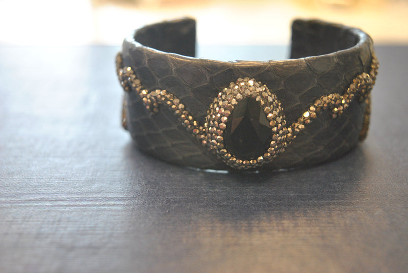 LEATHER COLLECTION - NAVY BLUE LEATHER AND BLACK ONYX WITH SWAROVSKI CRYSTALS CUFF BRACELET