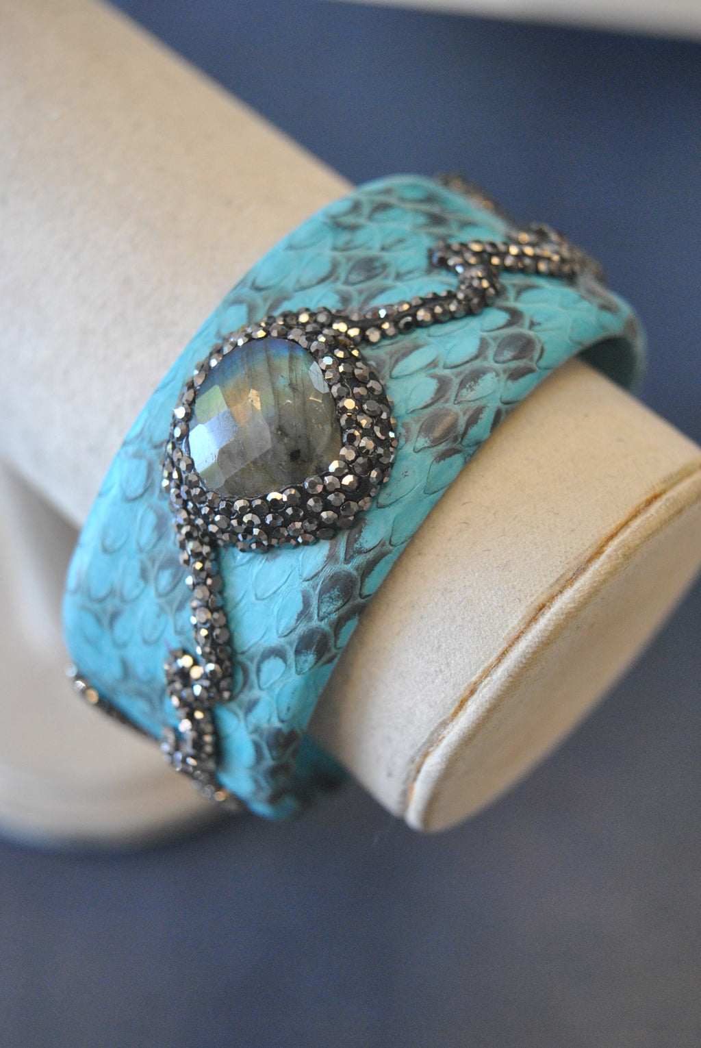 LEATHER COLLECTION - TURQUOISE LEATHER AND LABARDAORITE WITH SWAROVSKI CRYSTALS CUFF BRACELET