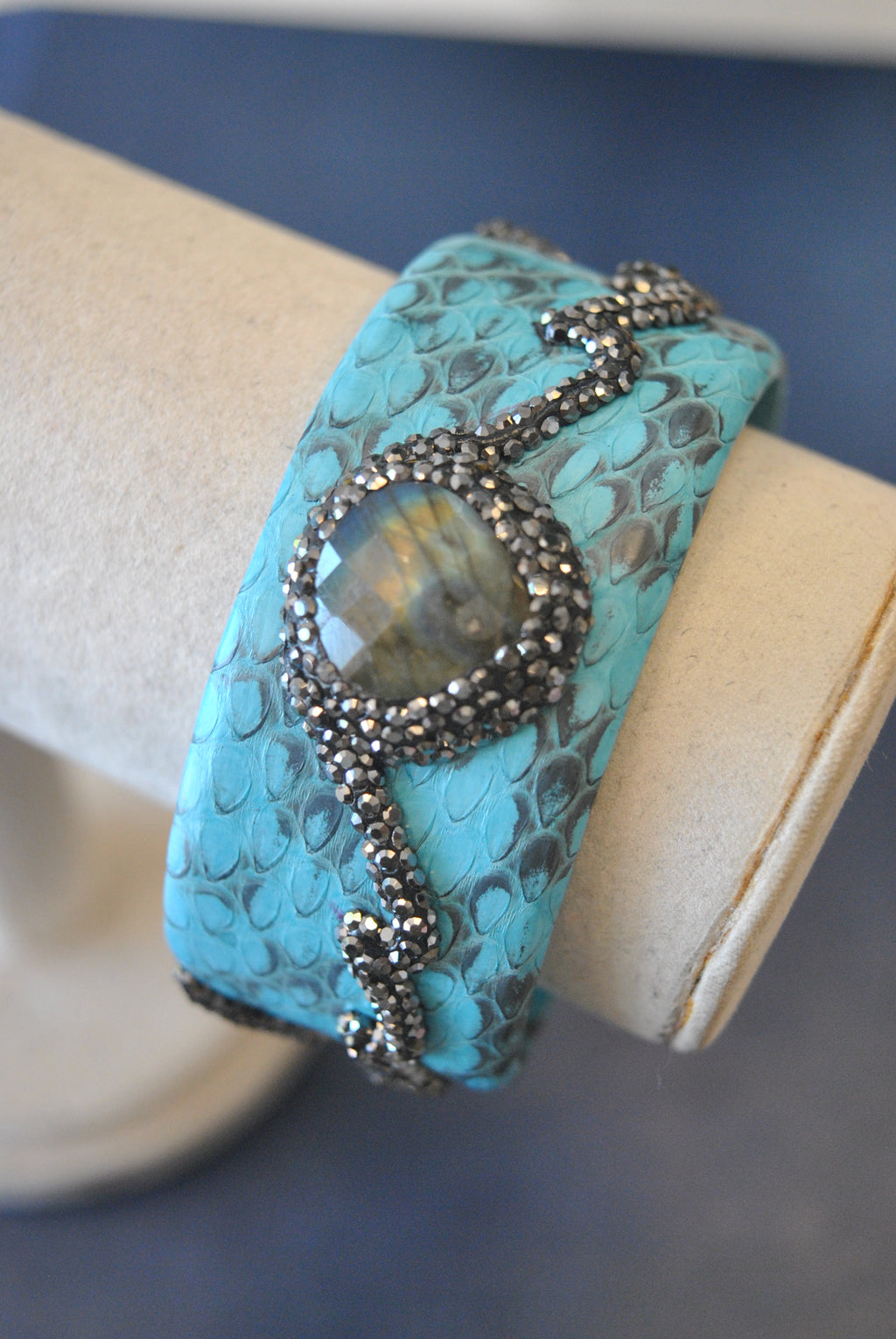 LEATHER COLLECTION - TURQUOISE LEATHER AND LABARDAORITE WITH SWAROVSKI CRYSTALS CUFF BRACELET