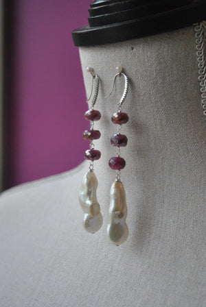 RUBY MOONSTONE AND WHITE FRESHWATER PEARLS LONG STATEMENT EARRINGS