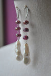 RUBY MOONSTONE AND WHITE FRESHWATER PEARLS LONG STATEMENT EARRINGS