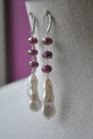RUBY MOONSTONE AND WHITE FRESHWATER PEARLS LONG STATEMENT EARRINGS
