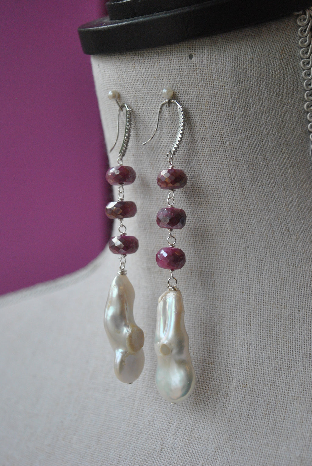 RUBY MOONSTONE AND WHITE FRESHWATER PEARLS LONG STATEMENT EARRINGS