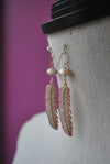 PEACH MOONSTONES RHINESTONES FEATHERS STATEMENT EARINGS WITH ROSE GOLD FINISH