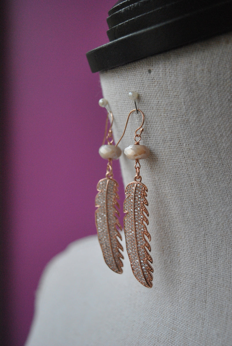 PEACH MOONSTONES RHINESTONES FEATHERS STATEMENT EARINGS WITH ROSE GOLD FINISH