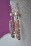 PEACH MOONSTONES RHINESTONES FEATHERS STATEMENT EARINGS WITH ROSE GOLD FINISH
