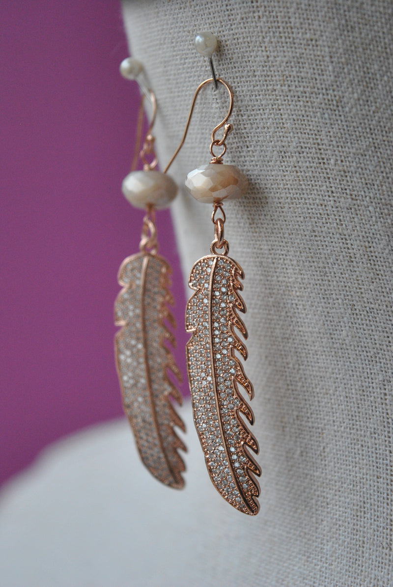 PEACH MOONSTONES RHINESTONES FEATHERS STATEMENT EARINGS WITH ROSE GOLD FINISH