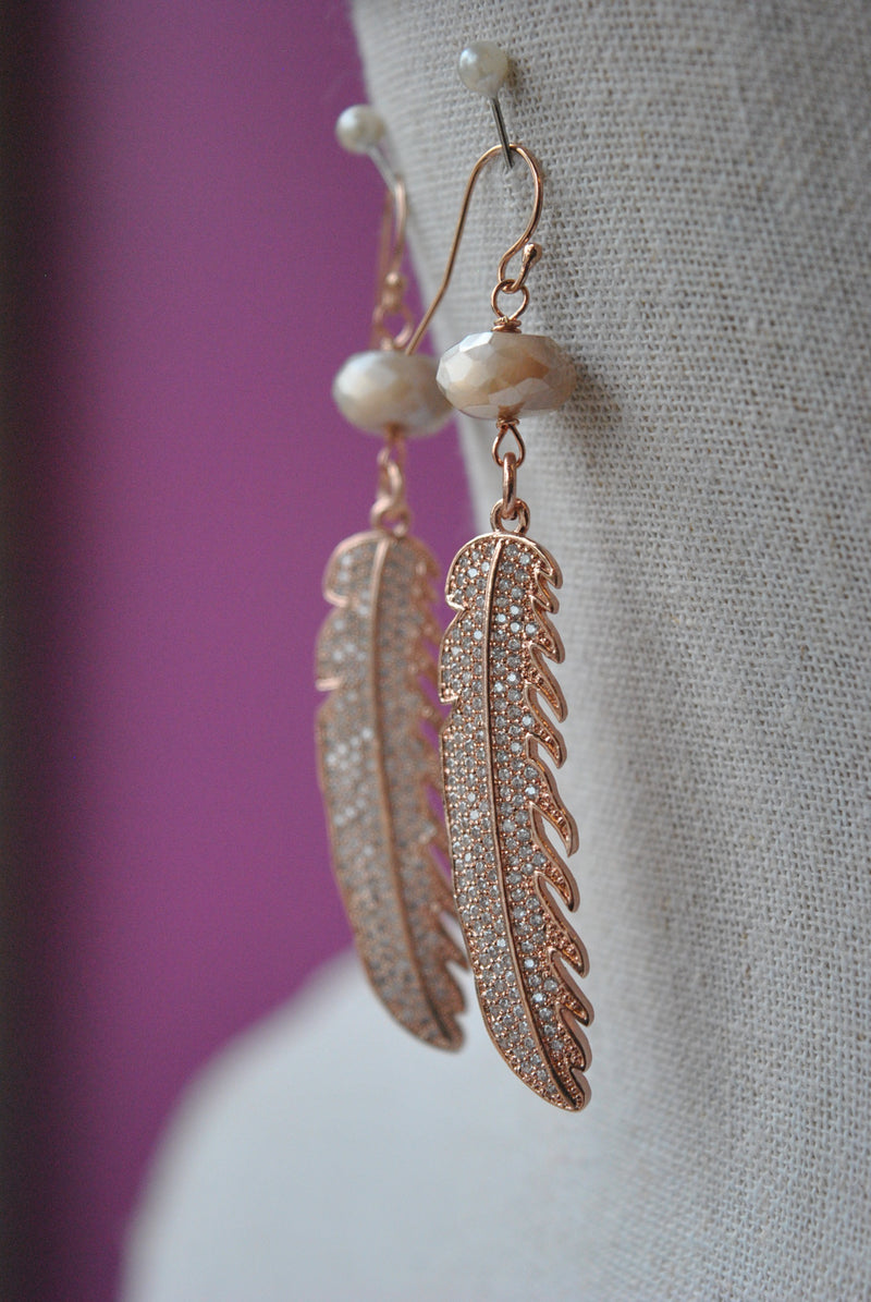 PEACH MOONSTONES RHINESTONES FEATHERS STATEMENT EARINGS WITH ROSE GOLD FINISH