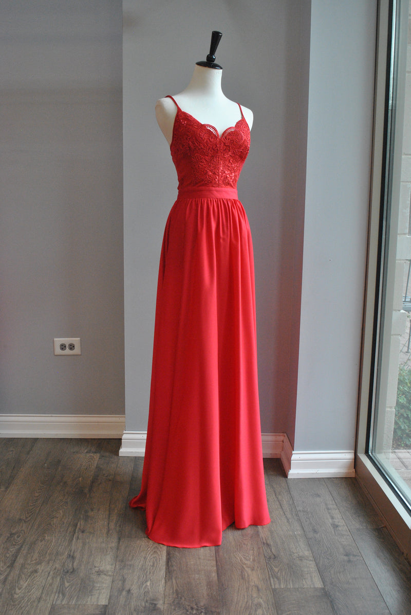 RED MAXI DRESS WITH LACE TOP