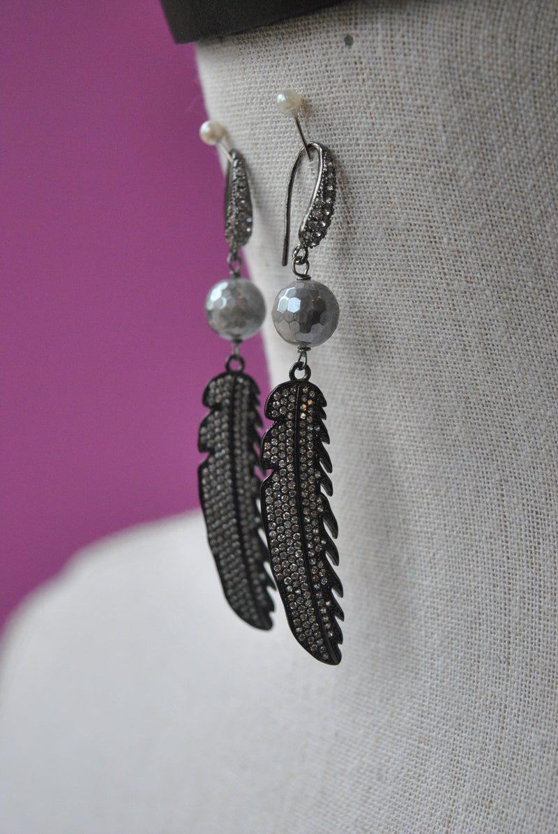 GREY MOONSTONES BLACK FINISH RHINESTONES FEATHERS STATEMENT EARRINGS