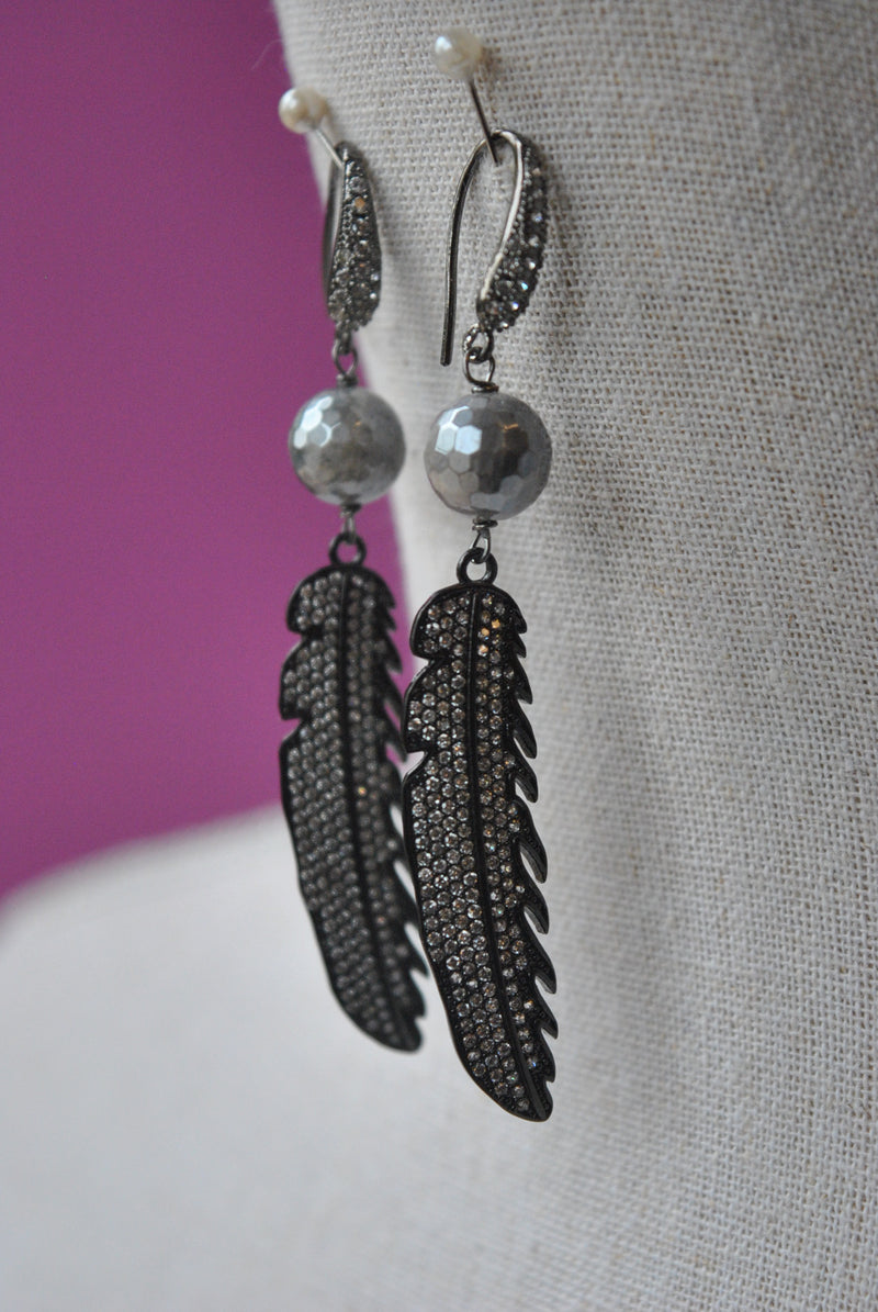 GREY MOONSTONES BLACK FINISH RHINESTONES FEATHERS STATEMENT EARRINGS